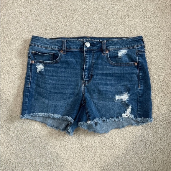 American eagle blue distressed midi shorts in size 14 - Picture 1 of 5